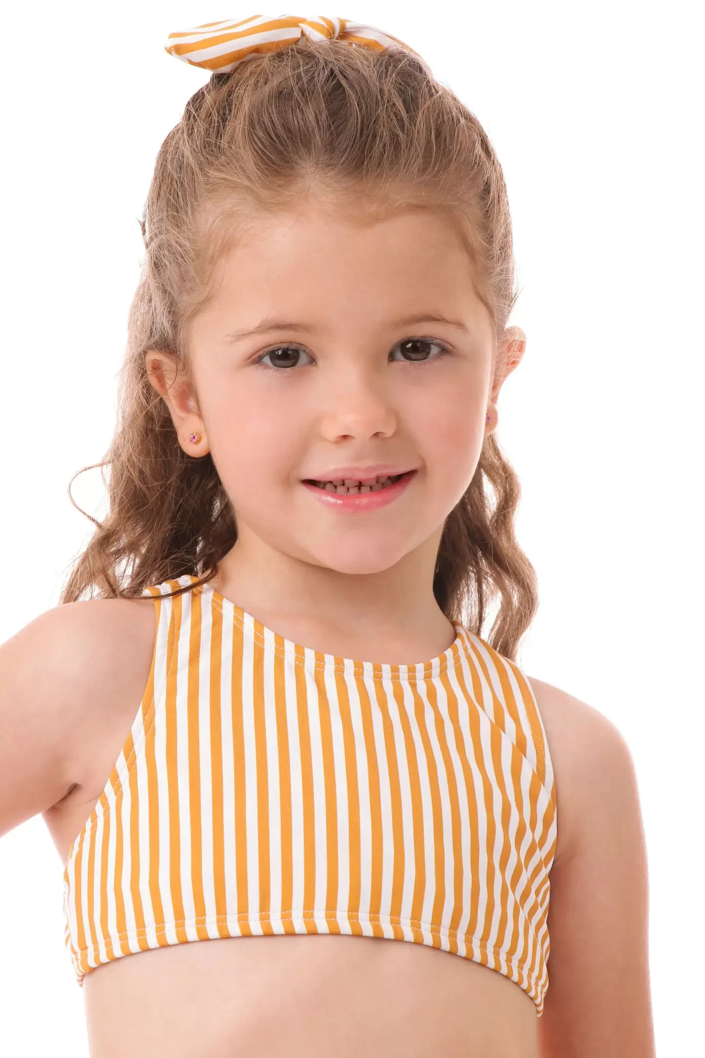 Biquíni Infantil Proteção UV 50 Cloe Listras Mostarda Mandarina Kids Fun