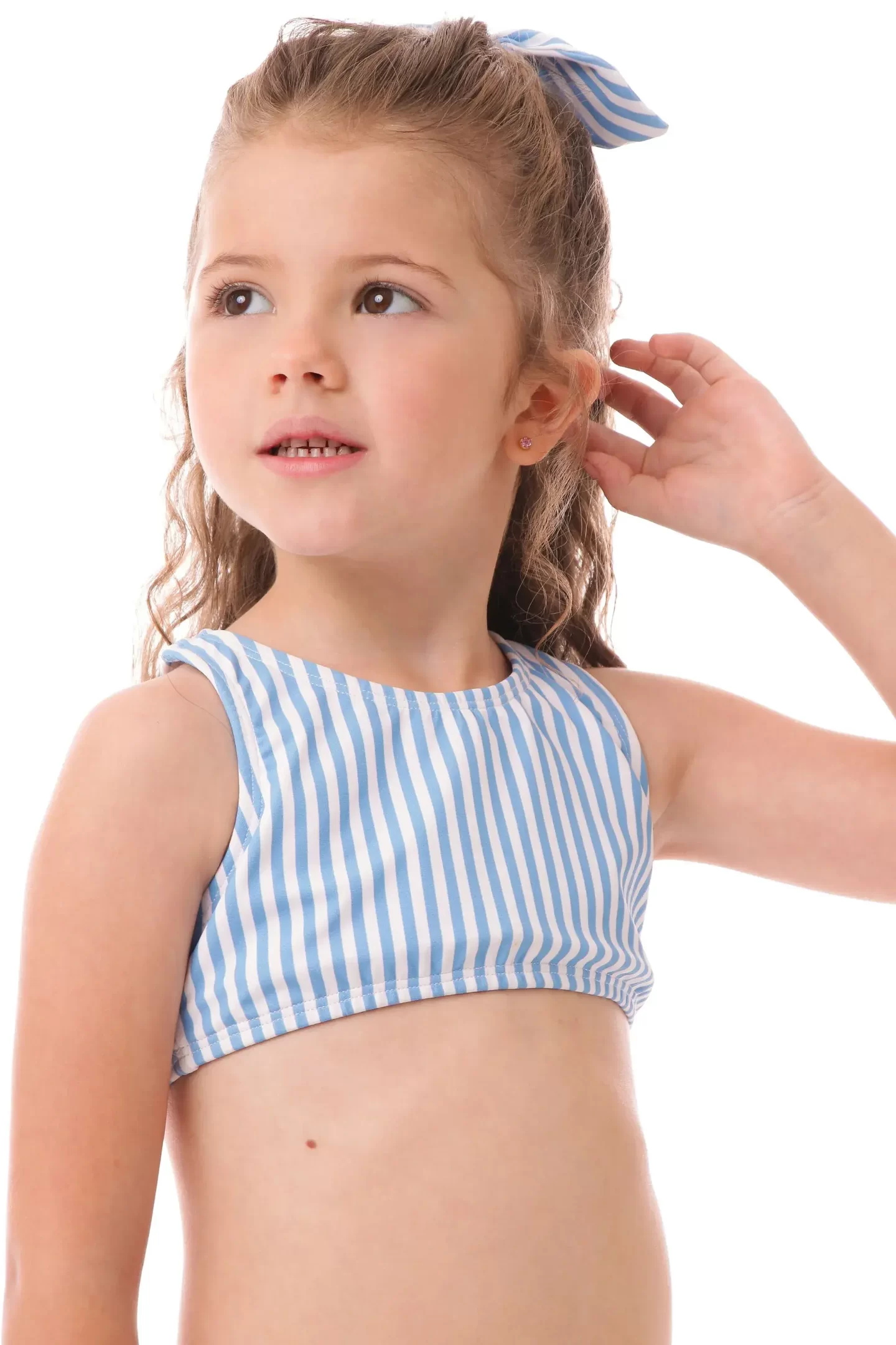 Biquíni Infantil Proteção UV 50 Cloe Listras Azul Claro Mandarina Kids